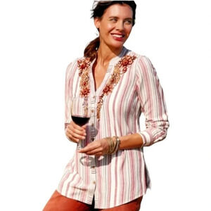 Soft Surroundings Long Sleeve Roll Tab Beaded Neckline Striped‎ Top Size XL